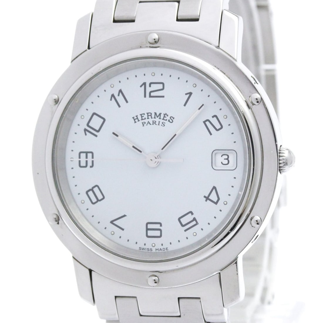 HERMES Clipper Stainless Steel Quartz Mens Watch CL6.710 Polished: --- Catalog ---Category: SizeCase Diameter: 36mm / 1.42''Category: DesignType: WristwatchStyle: Dress/FormalGender: MenColor (Dial): WhiteMaterial (Band): Stainless steelMaterial (Case): Stainless ste