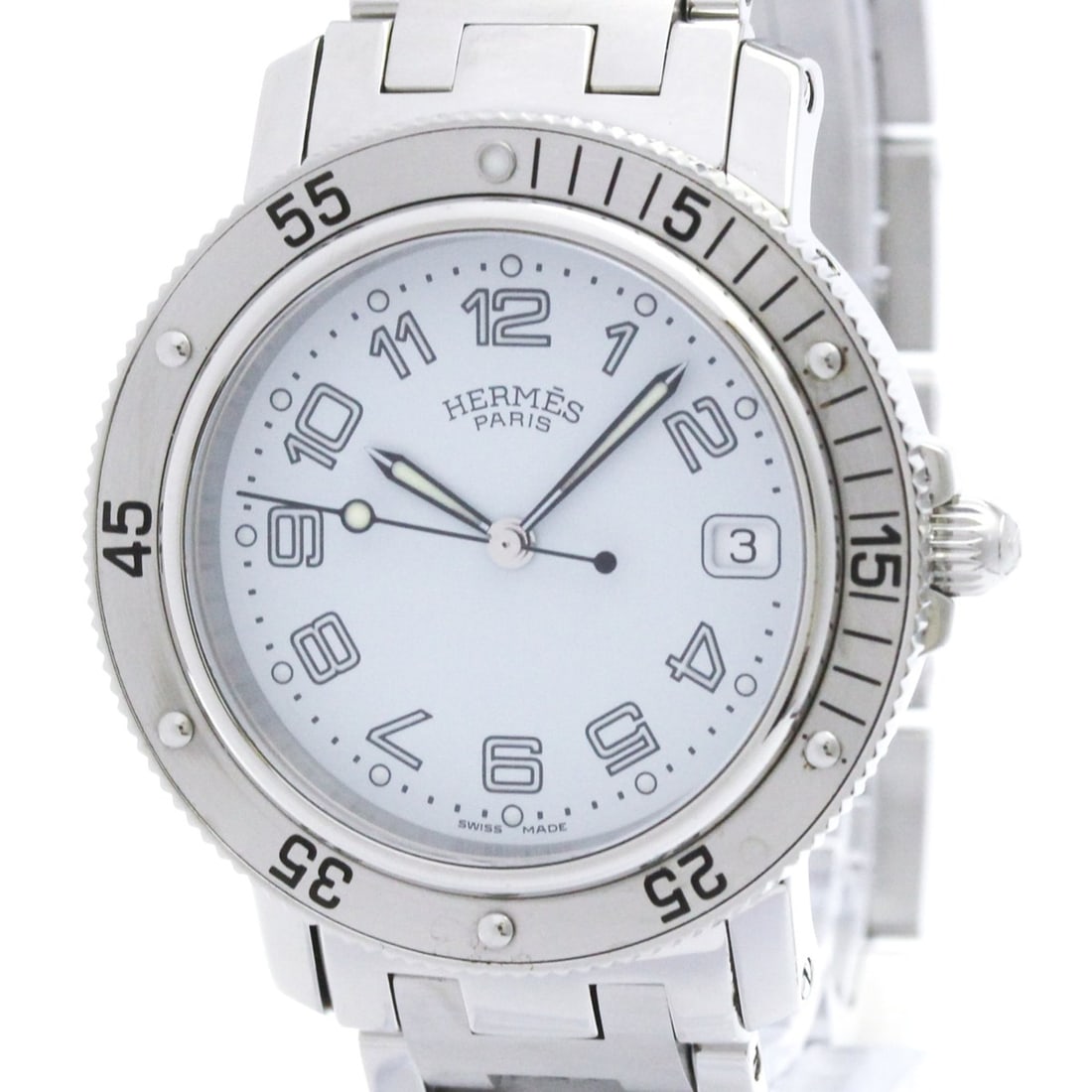 HERMES Clipper Diver Steel Quartz Mens Watch CL7.710 Polished: --- Catalog ---Category: SizeCase Diameter: 37mm / 1.46''Category: DesignType: WristwatchStyle: SportGender: MenColor (Dial): WhiteMaterial (Band): Stainless steelMaterial (Case): Stainless steelCateg