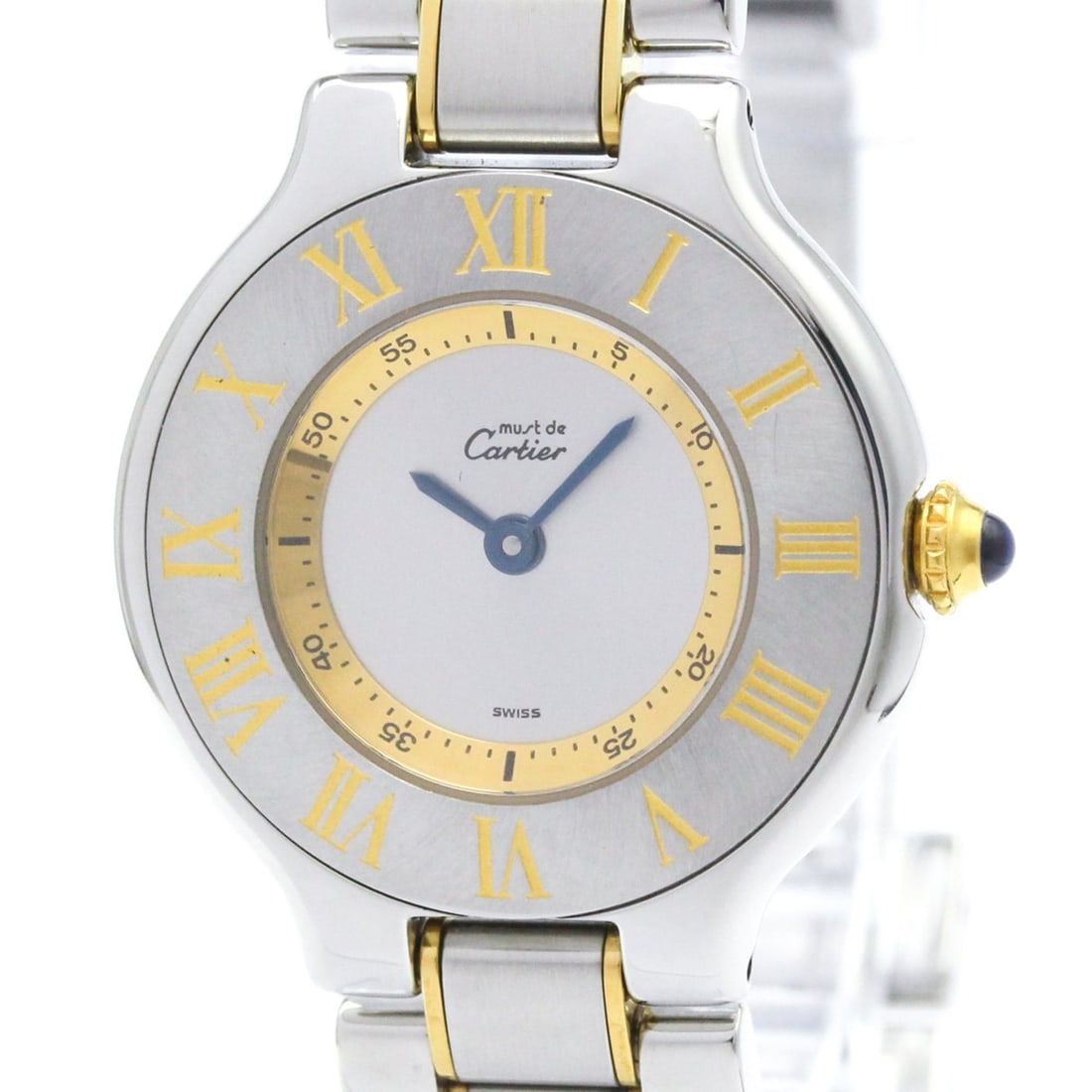 CARTIER Must 21 Gold Plated Steel Quartz Ladies Watch W10073R6 Polished: --- Catalog ---Category: SizeCase Diameter: 28mm / 1.1''Category: DesignType: WristwatchStyle: Dress/FormalGender: WomenColor (Dial): SilverMaterial (Band): Gold plated, Stainless steelMaterial (Case)