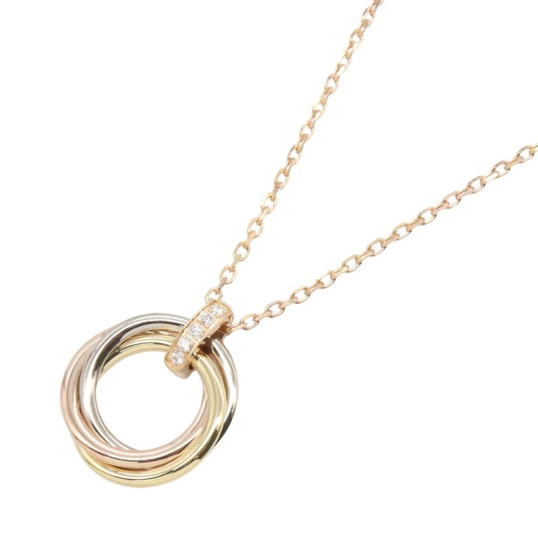 Cartier Trinity Diamond Necklace - 18K Yellow Gold, White Pink Gold Women's Tone, Silver Clear Tone: --- Catalog ---Category: SizePendant Size: 21mm x 18mm / 0.82'' x 0.7''Neck Circumference: 41.5 cm / 16.33''Category: DesignColor: Clear, Gold, SilverGender: WomenMaterial: Pink gold (18K), White gold