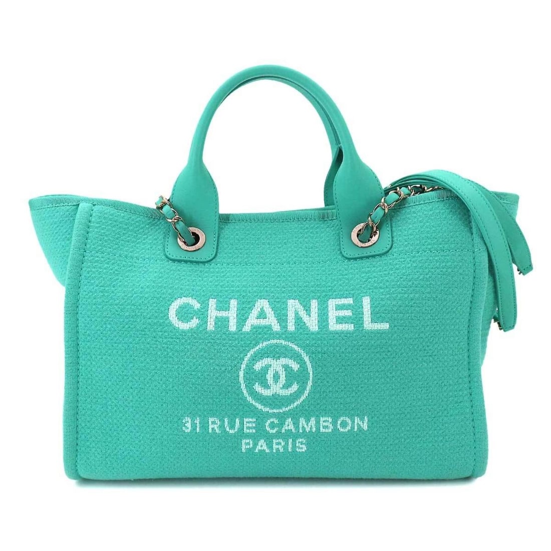 Chanel Deauville Small 2-way Tote Chain Shoulder Handbag Canvas Leather Turquoise Blue AS3257 Bag: --- Catalog ---Category: SizeSize (HxWxD): 24cm x 32.5cm x 15cm / 9.44'' x 12.79'' x 5.9''Category: DesignType: Shopping bag, Shoulder bag, Tote bagColor: Blue, TurquoiseGender: WomenMaterial: Canvas 