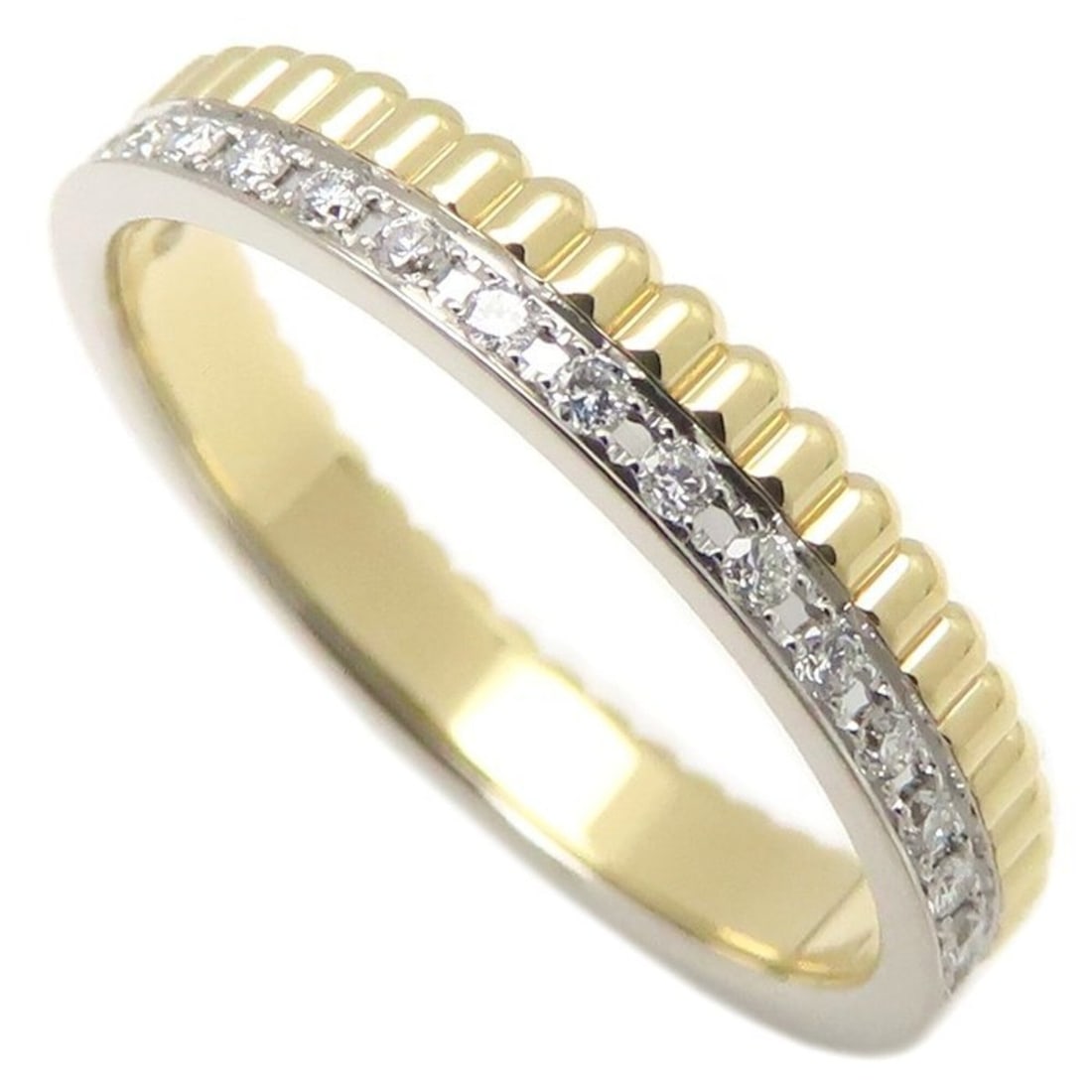 Boucheron Quatre Radiant Ring, Half Full Pave Diamond, Size 55, 18K Yellow Gold x White, Women's,: --- Catalog ---Category: SizeWidth: 3.4mm / 0.13''Weight: 3.5g / 0.12oz.JP Size: 14.5US Size: 7Category: DesignType: Band ringStone: DiamondGender: WomenMaterial: Pink gold (18K), Yellow gold (18K)Cat