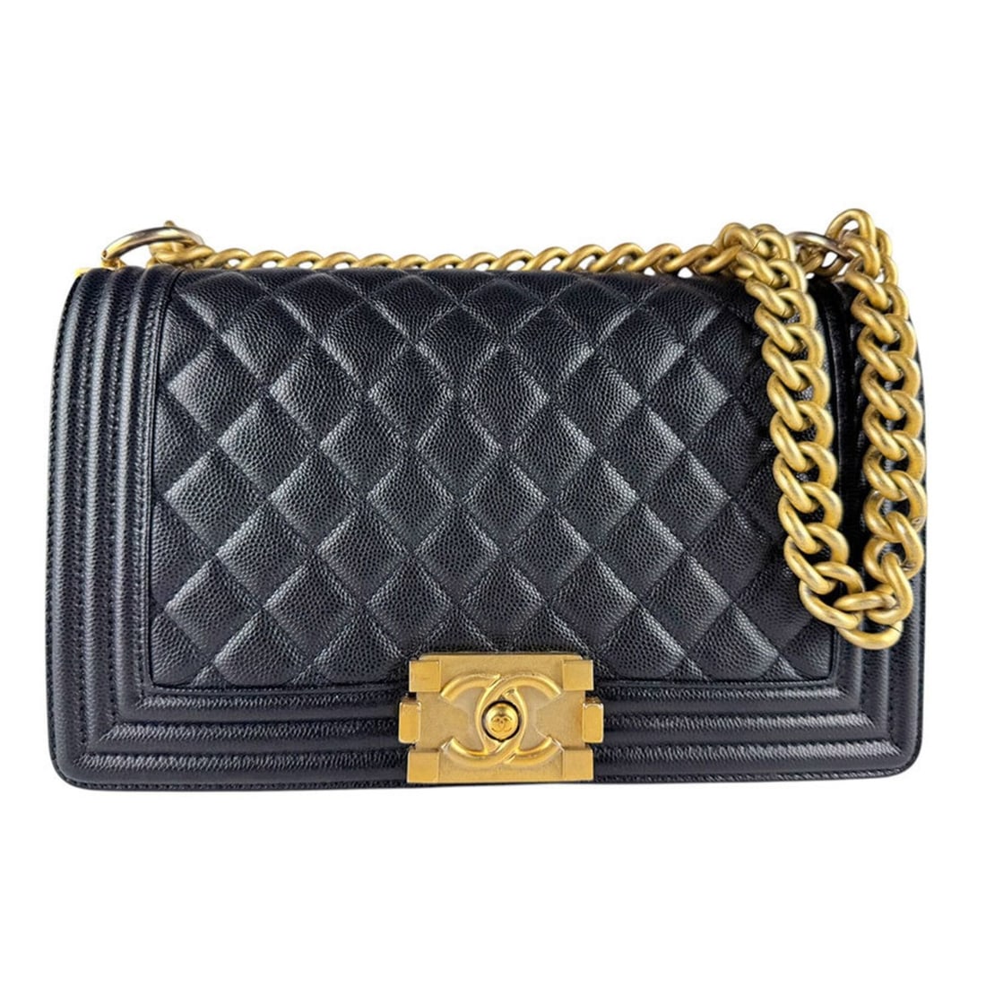 Chanel Boy Shoulder Bag, Caviar Leather, Black & Gold, Women's, z10468: --- Catalog ---Category: SizeSize (HxWxD): 15cm x 24cm x 7cm / 5.9'' x 9.44'' x 2.75''Category: DesignType: Shoulder bagColor: BlackGender: WomenMaterial: Grained Calfskin Category: GeneralBrand: Chan