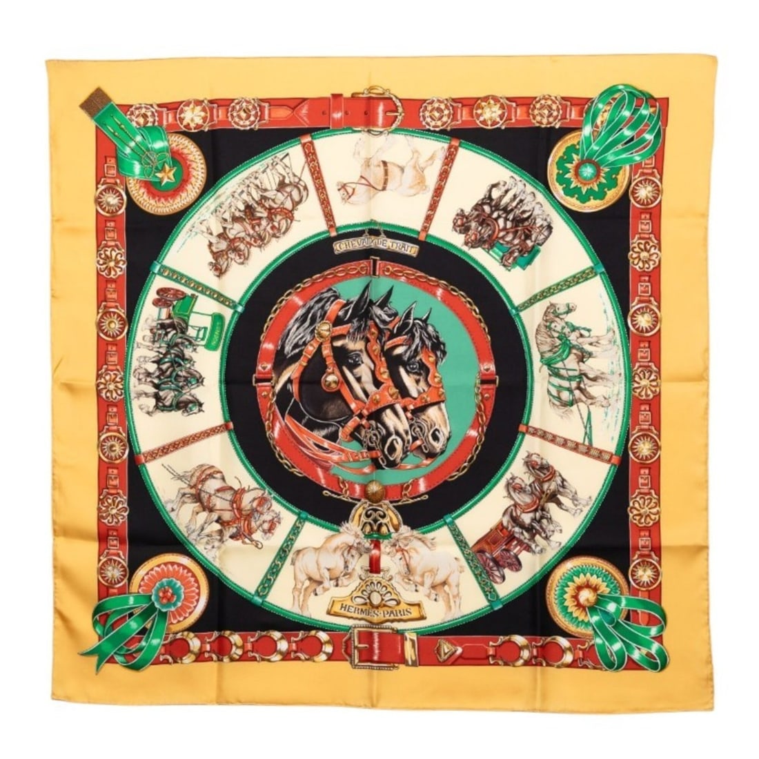 Hermes Carre 90 CHEVAUX DE TRAIT (Draft Horse) Scarf/Muffler, Yellow Multicolor Silk, Women's HERMES: --- Catalog ---Category: SizeSize (LxW): 88cm x 87cm / 34.64'' x 34.25''Category: DesignType: ScarfColor: Multi-color, YellowGender: WomenMaterial: Silk Category: GeneralBrand: Hermes--- Item List ---