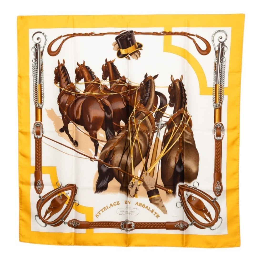 Hermes Carre 90 ATTELAGE EN ARBALETE (Horse-carriage bow-shaped linked scarf/muffler) Yellow, Brown,: --- Catalog ---Category: SizeSize (LxW): 89cm x 88cm / 35.03'' x 34.64''Category: DesignType: ScarfColor: Brown, Multi-color, YellowGender: WomenMaterial: Silk Category: GeneralBrand: Hermes--- Item L