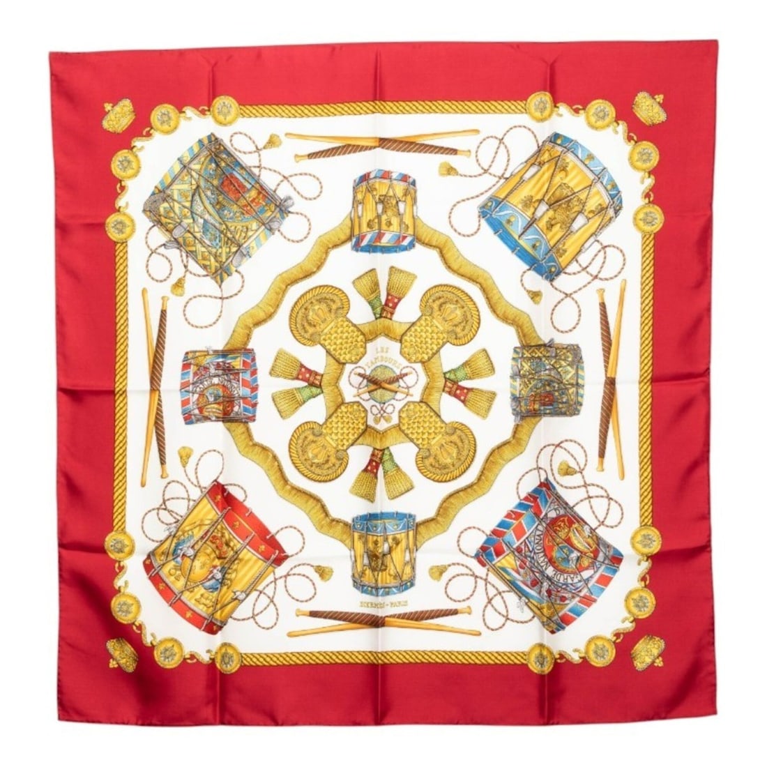 Hermes Carre 90 LES TAMBOURS Drum Scarf Muffler Red Multicolor Silk Women's HERMES: --- Catalog ---Category: SizeSize (LxW): 89cm x 88cm / 35.03'' x 34.64''Category: DesignType: ScarfColor: Multi-color, Red colorGender: WomenMaterial: Silk Category: GeneralBrand: Hermes--- Item List 