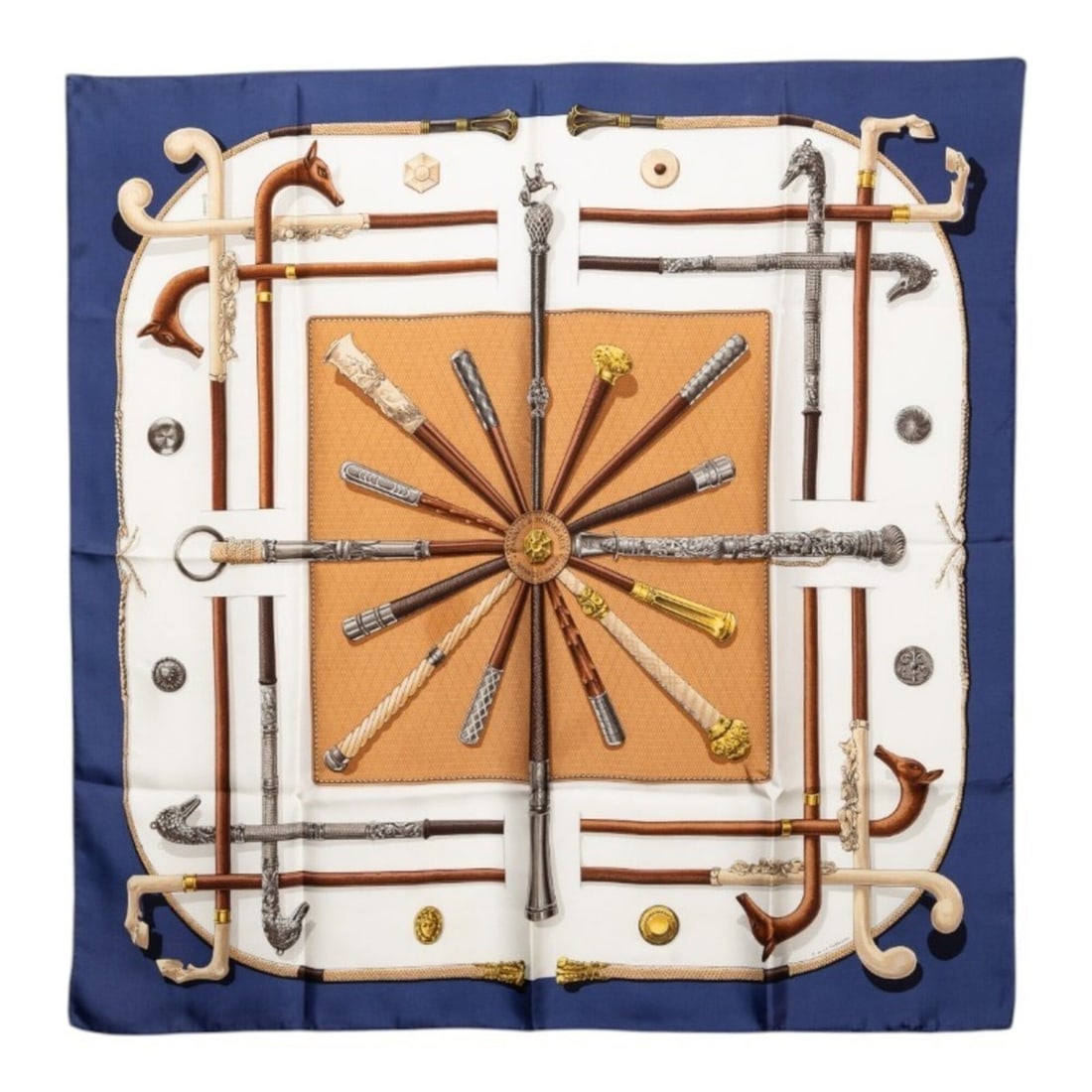 Hermes Carre 90 Cannes & Pommeaux Walking Stick Scarf/Muffler, Blue/Multicolor Silk, Women's: --- Catalog ---Category: SizeSize (LxW): 88cm x 88.5cm / 34.64'' x 34.84''Category: DesignType: ScarfColor: Blue, Multi-colorGender: WomenMaterial: Silk Category: GeneralBrand: Hermes--- Item List ---
