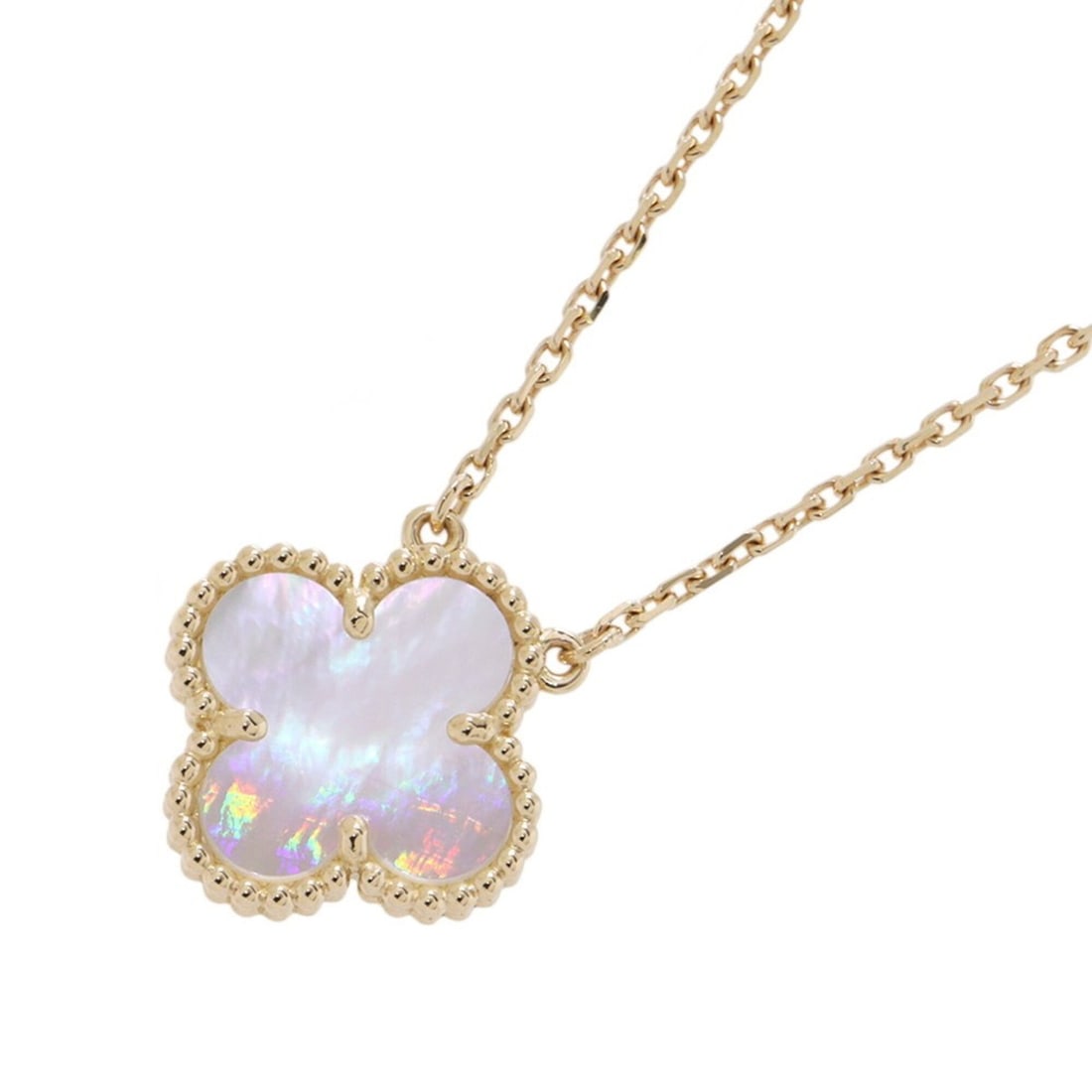 Van Cleef & Arpels Alhambra Necklace Pendant Mother of Pearl 18K Yellow Gold VCARA45900: --- Catalog ---Category: SizeWeight: 5.1g / 0.17oz.Pendant Size: 14.9mm x 14.9mm / 0.58'' x 0.58''Neck Circumference: 37.5 cm - 42 cm / 14.76'' - 16.53''Category: DesignGender: WomenMaterial: Yellow g