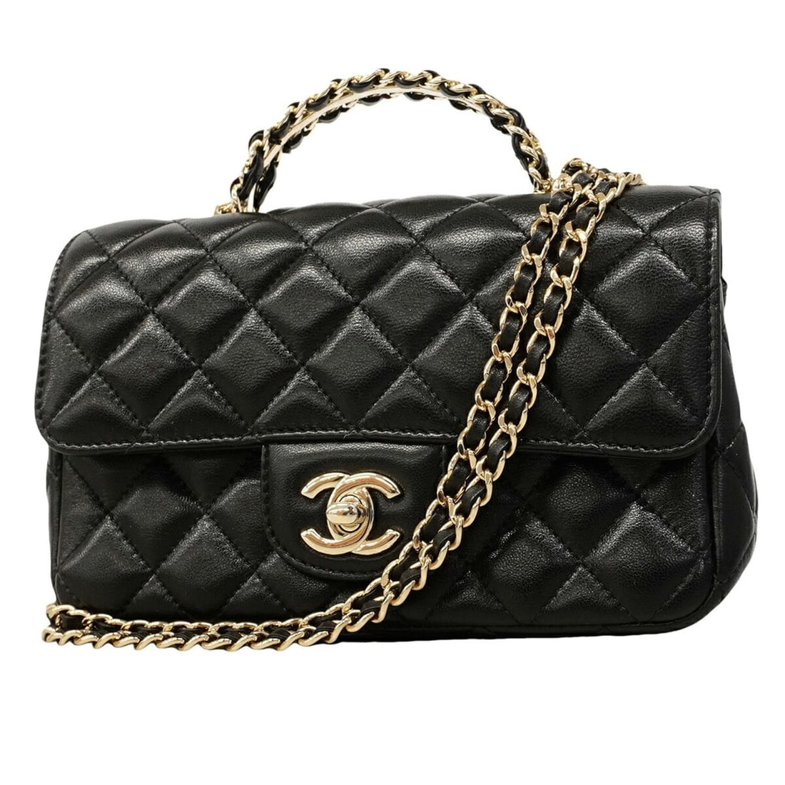 Chanel Matelassé Chain Shoulder Handbag, Lambskin, Black/Champagne, 2-way Bag for Women, P3075443: --- Catalog ---Category: SizeSize (HxWxD): 14cm x 19.5cm x 6.5cm / 5.51'' x 7.67'' x 2.55''Category: DesignType: HandbagColor: BlackGender: WomenMaterial: Leather Hardware Color: Champagne goldLeather