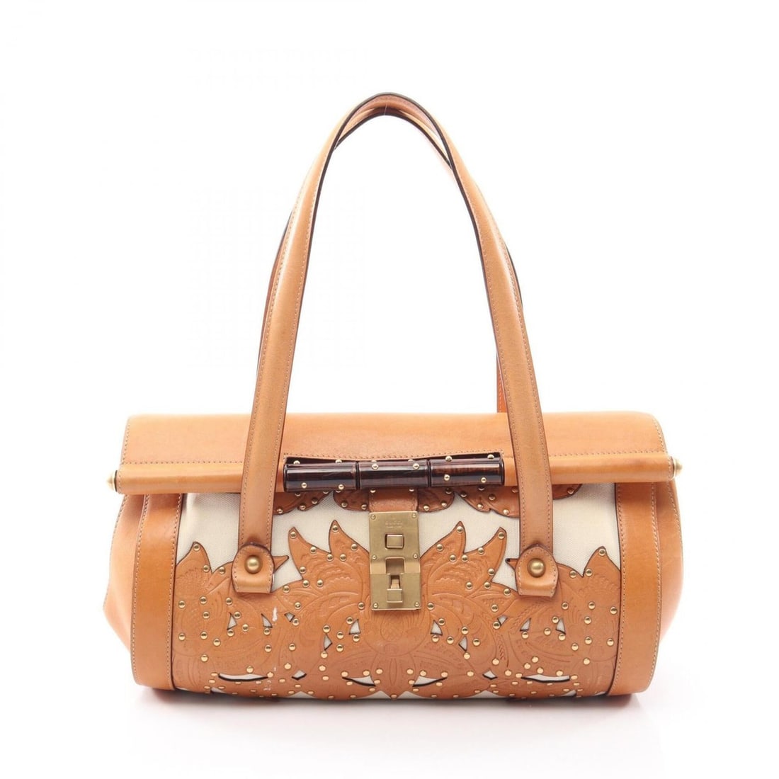 Gucci Flower Carving Handbag, Canvas and Leather, Women's, White/Brown, Item Number 123259: --- Catalog ---Category: SizeSize (HxWxD): 19cm x 31.5cm x 12cm / 7.48'' x 12.4'' x 4.72''Category: DesignType: HandbagColor: Brown, WhiteGender: WomenMaterial: Canvas Category: GeneralMPN: 123259Bran