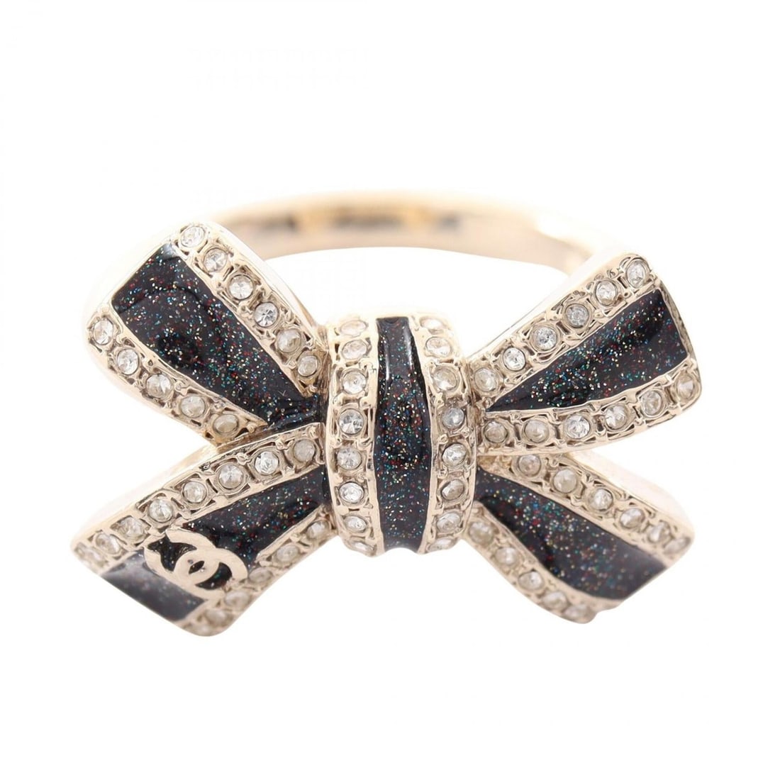 Chanel Coco Mark Ribbon Ring - Gold Plated (GP) with Rhinestones Women's Gold/Black: --- Catalog ---Category: SizeJP Size: 11US Size: 6Category: DesignType: Band ringColor: BlackGender: WomenMaterial: Gold plating, RhinestoneCategory: GeneralBrand: Chanel--- Item List ---Section: Cond