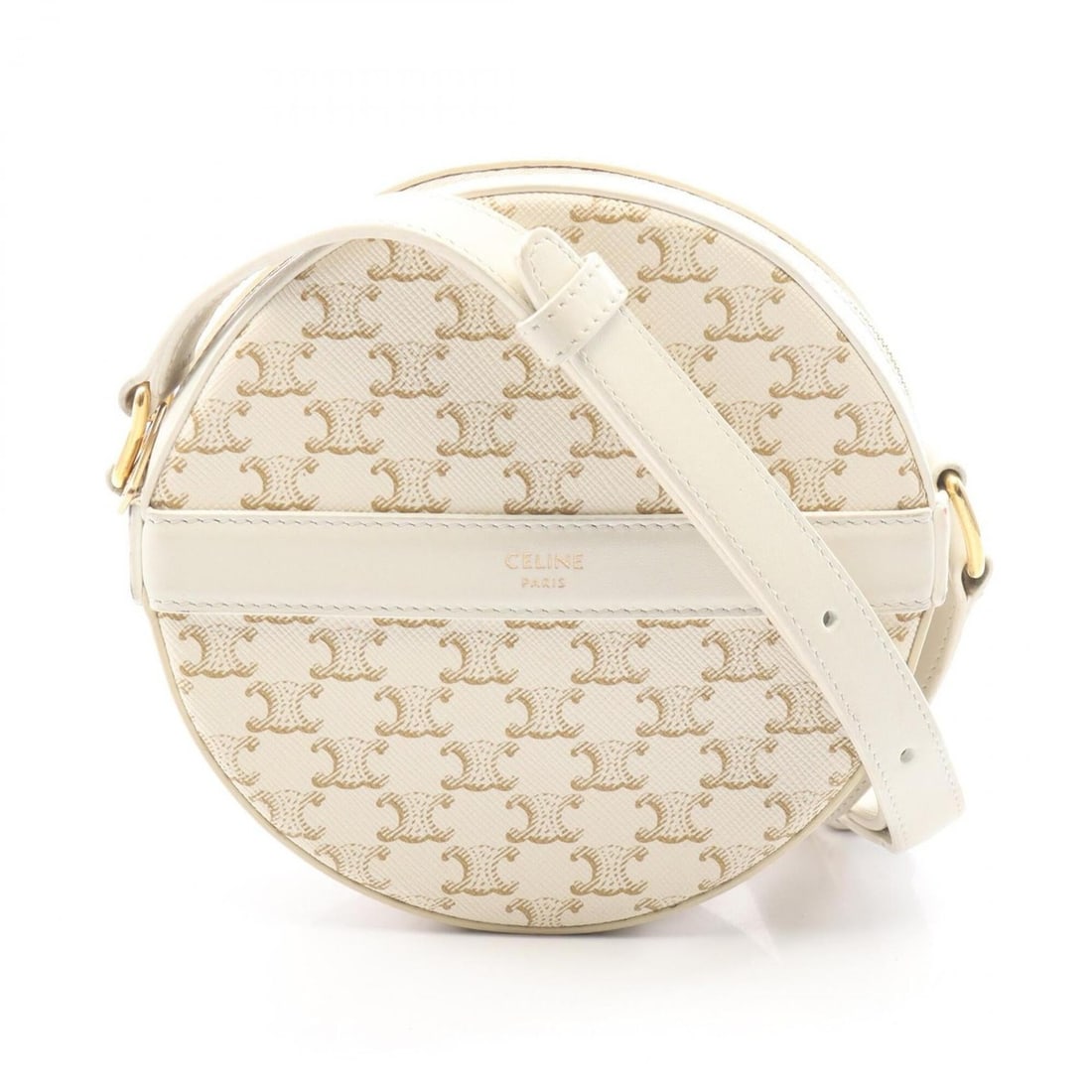Celine Triomphe Round Purse Shoulder Bag Handbag, Coated Canvas Leather, Women's, White: --- Catalog ---Category: SizeSize (HxWxD): 14cm x 14cm x 4cm / 5.51'' x 5.51'' x 1.57''Category: DesignType: Handbag, Shoulder bagColor: WhiteGender: WomenMaterial: Coated canvas Category: GeneralBran
