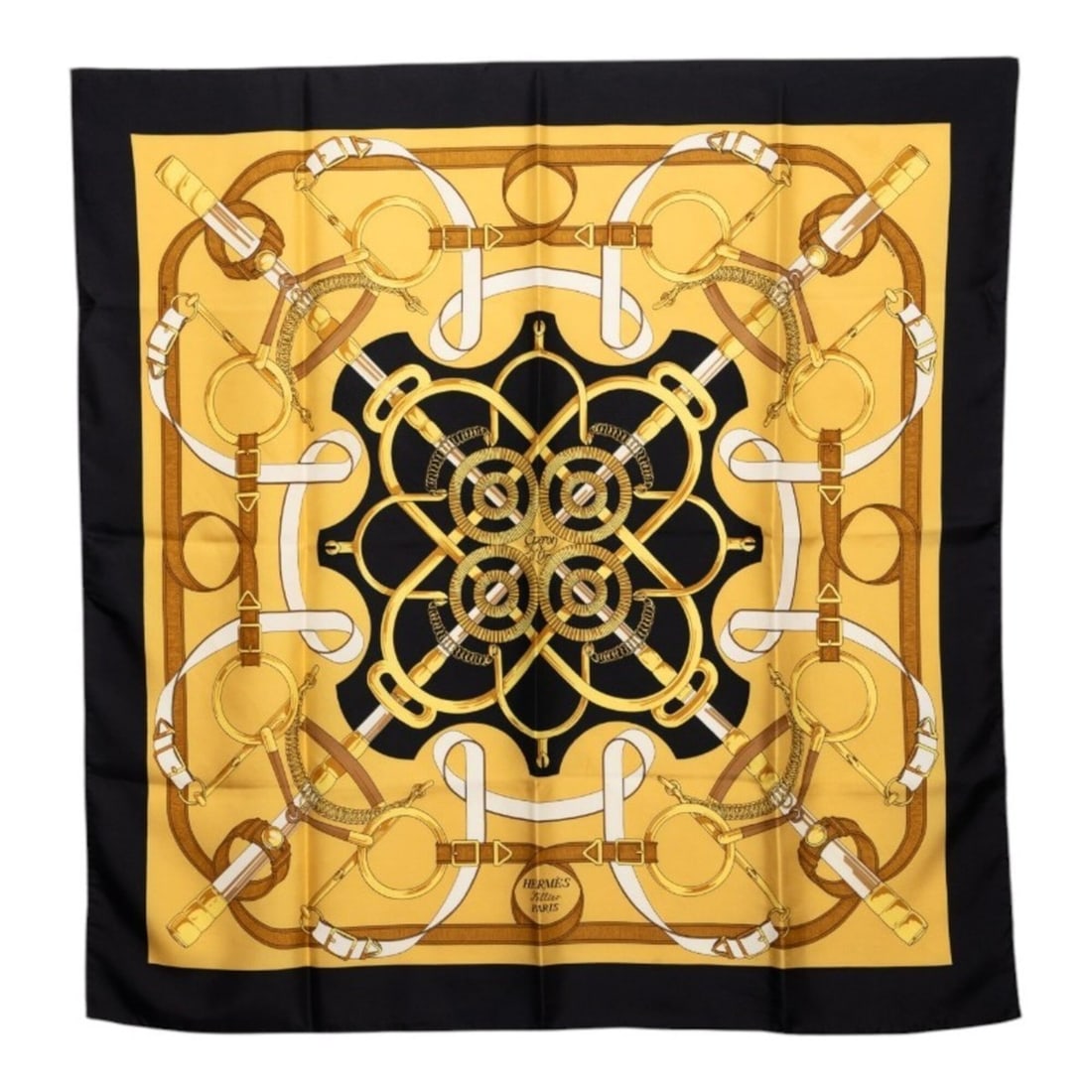 Hermes Carre 90 Eperon d'or (Golden Spur) Scarf/Muffler, Black/Yellow Silk, Women's.: --- Catalog ---Category: SizeSize (LxW): 88.5cm x 87cm / 34.84'' x 34.25''Category: DesignType: ScarfColor: Black, YellowGender: WomenMaterial: Silk Category: GeneralBrand: Hermes--- Item List ---Sect