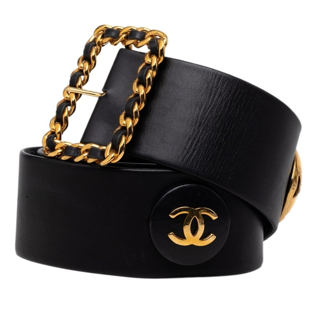 Chanel Coco Mark Chain Buckle Belt, 93A Stamp, Black Gold Lambskin Plated, Women's. (1 of 9)