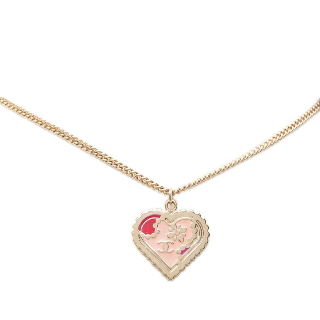 Chanel Coco Mark Heart Motif Chain Pendant Necklace, Gold/Pink Plated, Women's.: --- Catalog ---Category: SizePendant Size: 30.3mm x 25.8mm / 1.19'' x 1.01''Neck Circumference: 60 cm / 23.62''Category: DesignColor: Gold, PinkGender: WomenPendant Type: PendantNecklace Type: Pendant