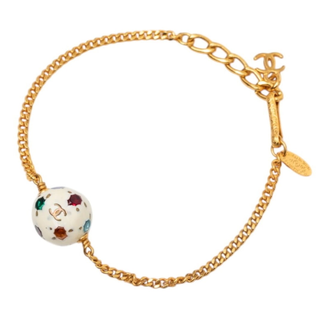 Chanel Coco Mark Soccer Ball Chain Bracelet, Gold Multicolor Plated Rhinestones, Plastic, Women's: --- Catalog ---Category: SizeWidth: 1.4cm / 0.55''Length: 18.5cm / 7.28''Total Length: 21cm / 8.26''Category: DesignType: Charm braceletColor: Gold, Multi-colorStone: RhinestoneGender: WomenMaterial: 