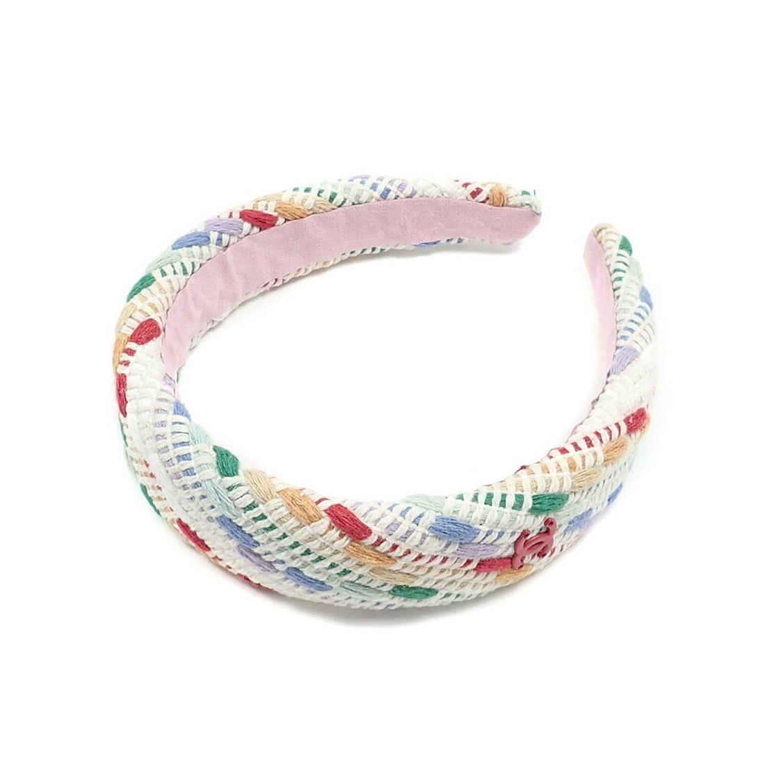 Chanel headband for women, white, multicolor hair accessory.: --- Catalog ---Category: SizeSize (LxW): 15.5cm x 13.5cm / 6.1'' x 5.31''Category: DesignType: Alice bandColor: Multi-color, WhiteGender: WomenCategory: GeneralBrand: Chanel--- Item List ---Section: C