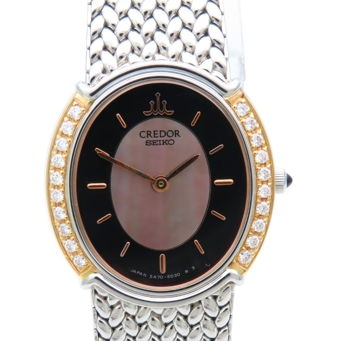 Seiko Credor 5A70-3000 SS K18YG Diamond Shell Women's Watch SEIKO: --- Catalog ---Category: SizeWrist Size: 15.5cm / 6.1''Case Diameter: 21.2mm / 0.83''Category: DesignType: WristwatchGender: WomenMaterial (Band): Stainless steel, Yellow gold (18K)Material (Case): St