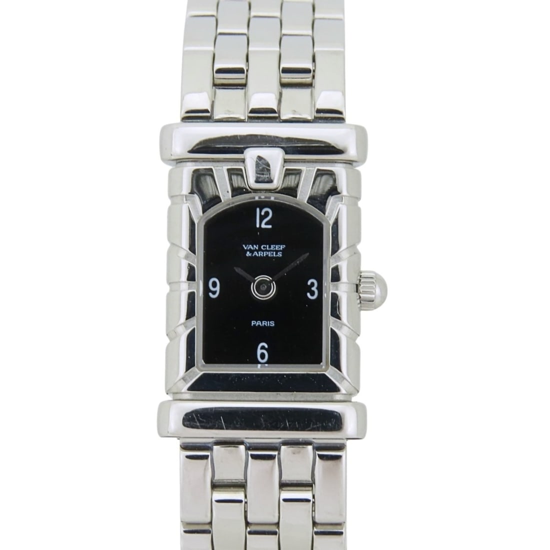 Van Cleef & Arpels Facade 531963T5 SS Silver Dial Black Women's Watch: --- Catalog ---Category: SizeWrist Size: 16cm / 6.29''Case Diameter: 14mm / 0.55''Category: DesignType: WristwatchGender: WomenColor (Dial): BlackMaterial (Band): Stainless steelMaterial (Case): Stain
