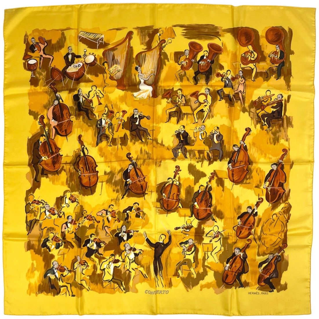 Hermes Carre 90 Concerto Scarf/Muffler, Silk, Yellow Multicolor, Women's: --- Catalog ---Category: SizeSize (LxW): 90cm x 89cm / 35.43'' x 35.03''Category: DesignType: ScarfColor: Multi-color, YellowGender: WomenMaterial: Silk Category: GeneralBrand: Hermes--- Item List ---