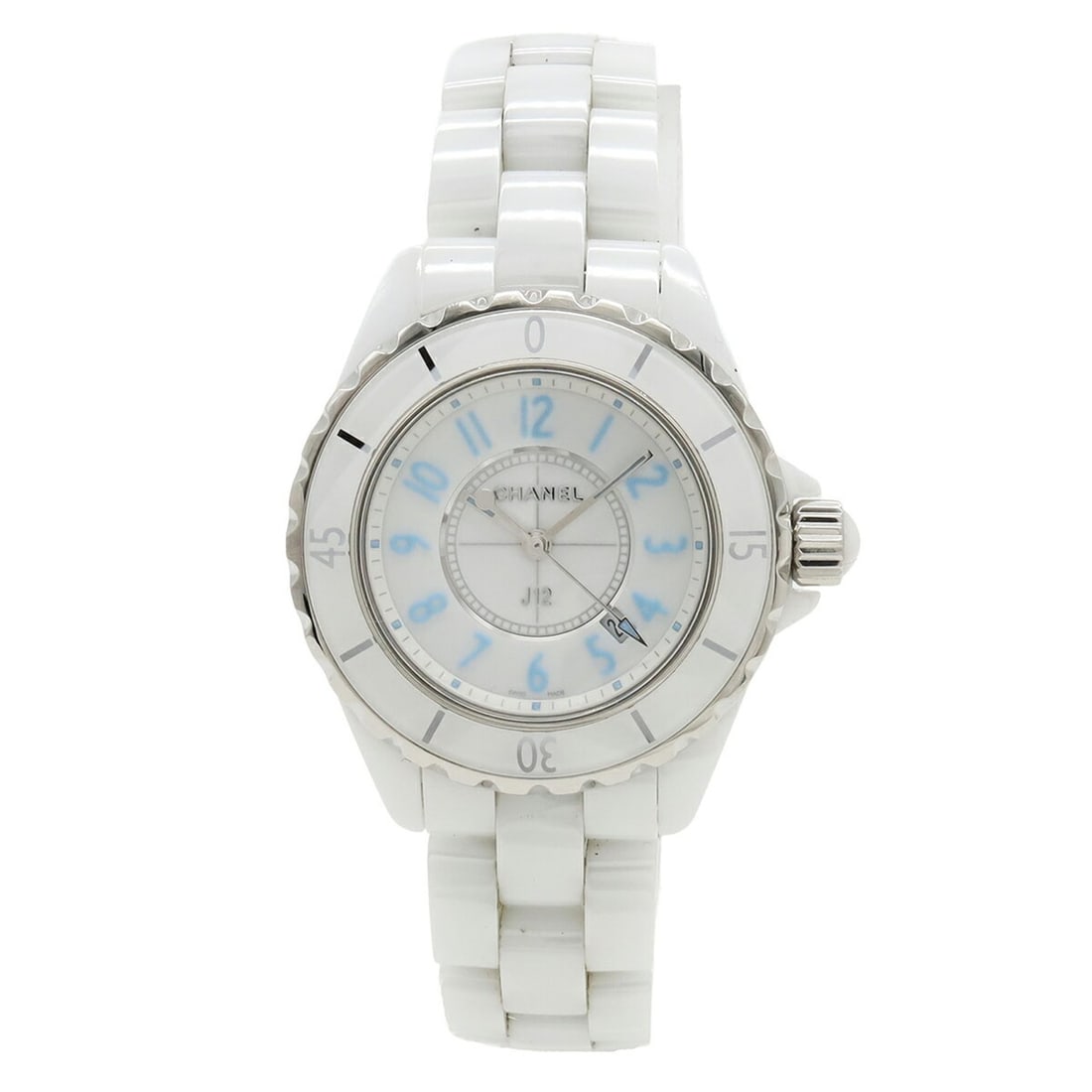 CHANEL J12 Blue Light Limited Edition (2000 pieces) White Ceramic Dial Date Ladies Quartz Watch: --- Catalog ---Category: SizeWrist Size: 17.5cm / 6.88''Case Diameter: 33mm / 1.3''Category: DesignType: WristwatchGender: WomenColor (Dial): WhiteMaterial (Band): Ceramic, Stainless steelMaterial (Ca