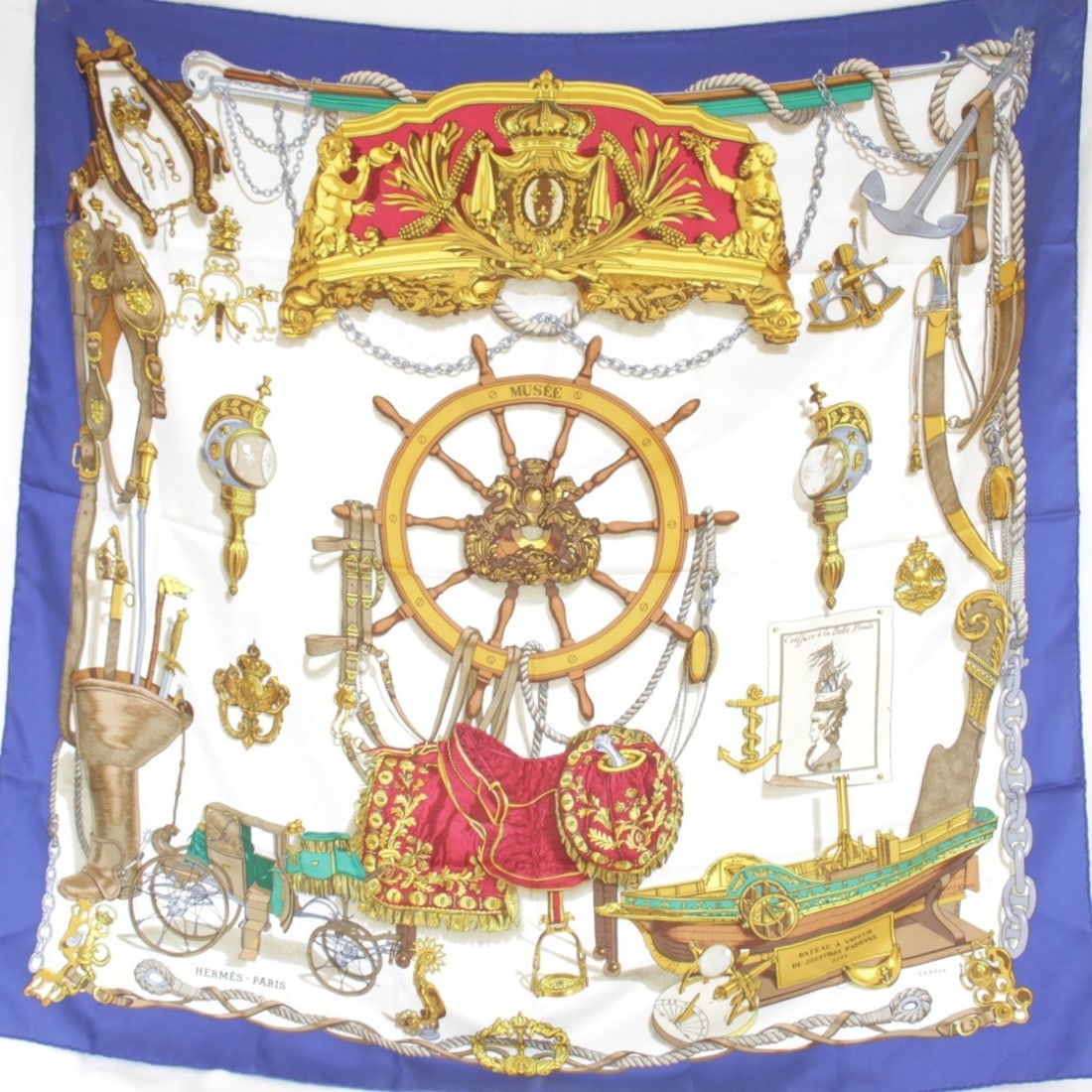 HERMES Carre 90 Museum Large Scarf, Silk, Blue, Women's: --- Catalog ---Category: SizeWeight: 70g / 2.46oz.Size (LxW): 89cm x 89cm / 35.03'' x 35.03''Category: DesignType: ScarfColor: Blue, YellowGender: WomenMaterial: Silk Category: GeneralBrand: Hermes---
