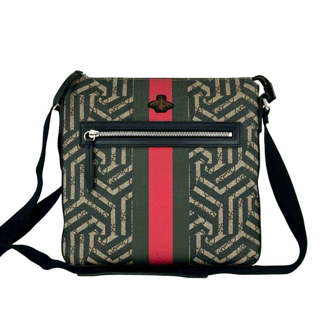 GUCCI GG Kaleido Bee Web Line Sherry Supreme Polyurethane Leather Shoulder Bag Black 28524: --- Catalog ---Category: SizeSize (HxWxD): 28cm x 28.5cm x 3cm / 11.02'' x 11.22'' x 1.18''Category: DesignType: Shoulder bagColor: Black, Green, Red colorGender: WomenMaterial: Elastane , Leather Cat