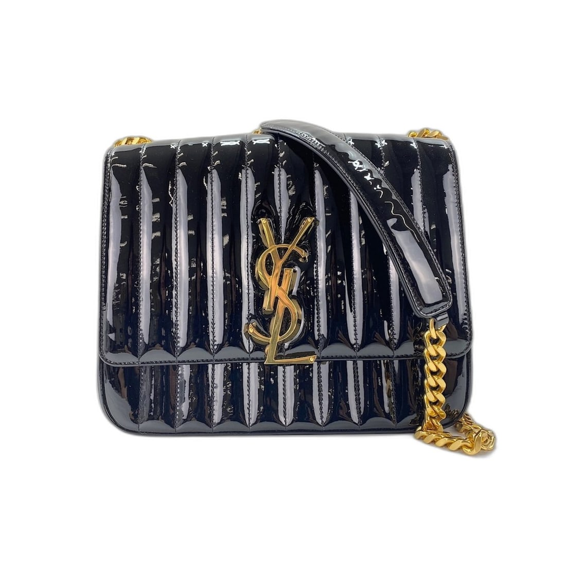 Yves Saint Laurent Vicky Shoulder Bag, Enamel, Black: --- Catalog ---Category: SizeSize (HxWxD): 20cm x 25cm x 8cm / 7.87'' x 9.84'' x 3.14''Strap Length: 108cm / 42.51''Category: DesignType: Shoulder bagColor: BlackGender: WomenMaterial: Leather