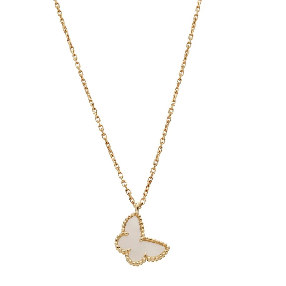 Van Cleef & Arpels Sweet Papillon Pendant Necklace, 18K Gold, Mother-of-Pearl (VCARF69300): --- Catalog ---Category: SizePendant Size: 8mm x 10mm / 0.31'' x 0.39''Neck Circumference: 39 cm / 15.35''Category: DesignColor: White, Yellow goldGender: WomenMaterial: Yellow gold (18K)Necklace Type