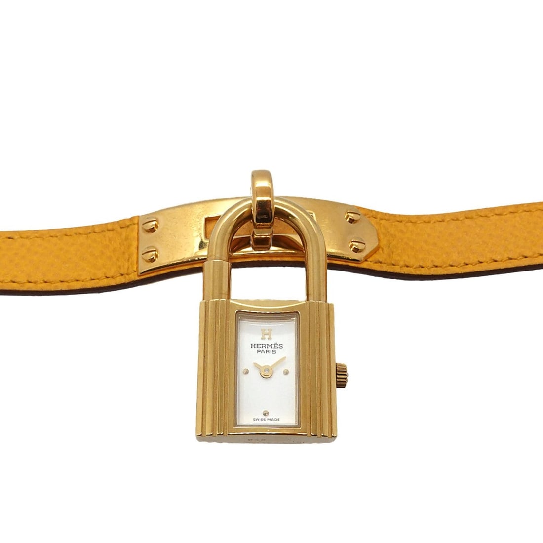 Hermes Kelly Watch, Women's White and Yellow Quartz Watch with Padlock: --- Catalog ---Category: SizeWrist Size: 13cm - 16cm / 5.11'' - 6.29''Case Diameter: 20mm / 0.79''Category: DesignType: WristwatchGender: WomenColor (Dial): WhiteMaterial (Band): Gold plated, Leather,