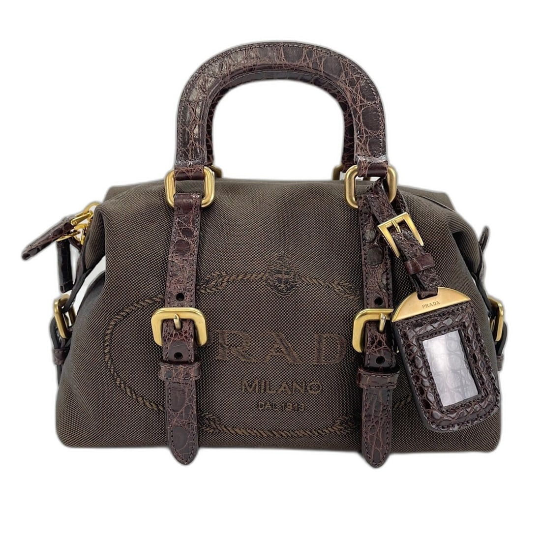 Prada logo jacquard embossed leather handbag, brown.: --- Catalog ---Category: SizeHandle Drop: 7.00cm / 2.76''Size (HxWxD): 16cm x 25cm x 13cm / 6.29'' x 9.84'' x 5.11''Category: DesignType: HandbagColor: BrownGender: WomenCategory: GeneralBrand: Prada-