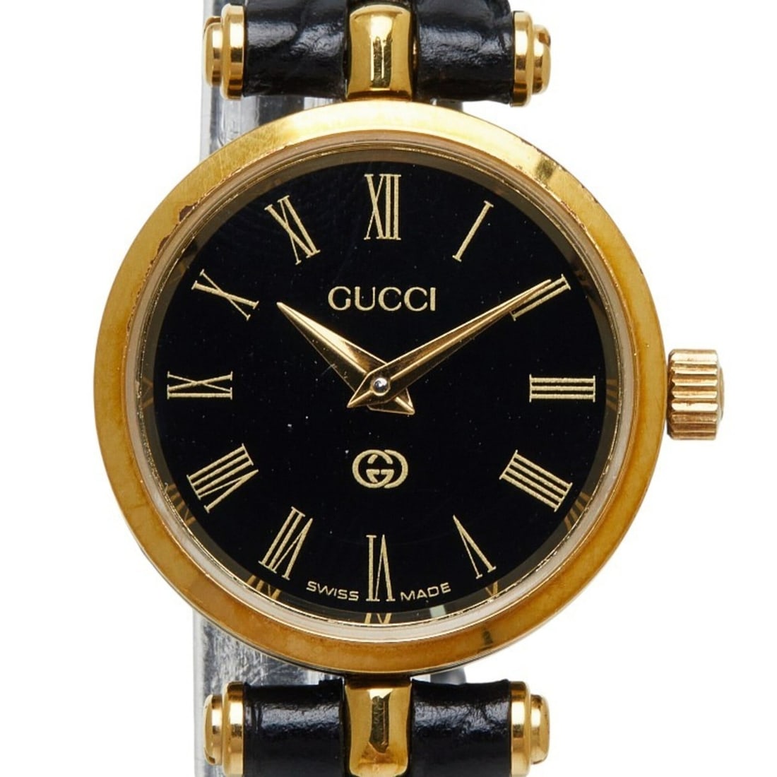 Gucci Quartz Watch, Black Dial, Plated Leather Strap, Women's Watch: --- Catalog ---Category: SizeWrist Size: 15cm / 5.9''Case Diameter: 21.5mm / 0.85''Category: DesignType: WristwatchGender: WomenColor (Dial): BlackMaterial (Band): LeatherMaterial (Case): Gold platedC