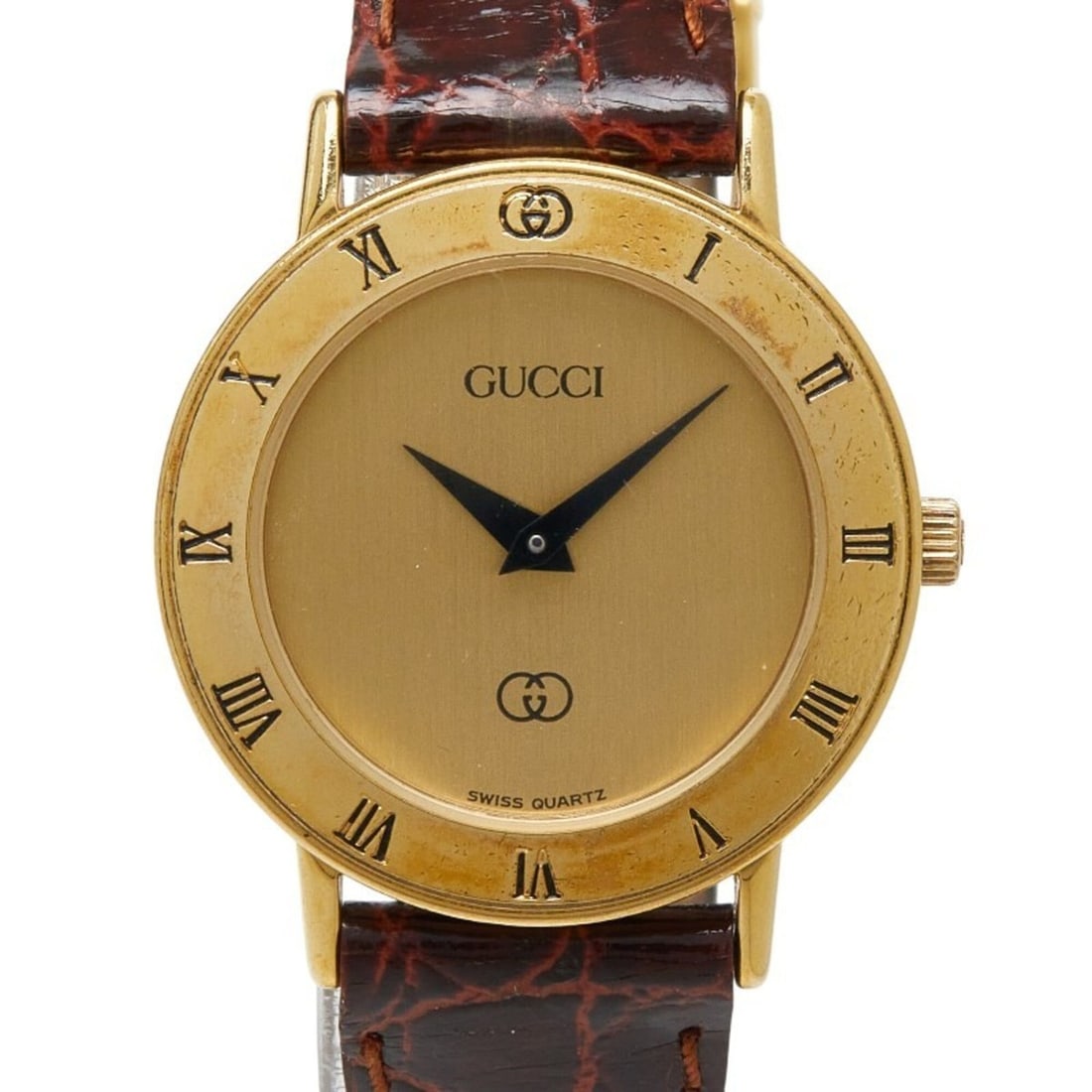 Gucci 3000 Quartz Watch, Gold Dial, Plated Leather Strap, Women's Watch: --- Catalog ---Category: SizeWrist Size: 15.5cm / 6.1''Case Diameter: 25.4mm / 1''Category: DesignType: WristwatchGender: WomenDisplay: AnalogColor (Dial): GoldMaterial (Band): LeatherMaterial (Case):