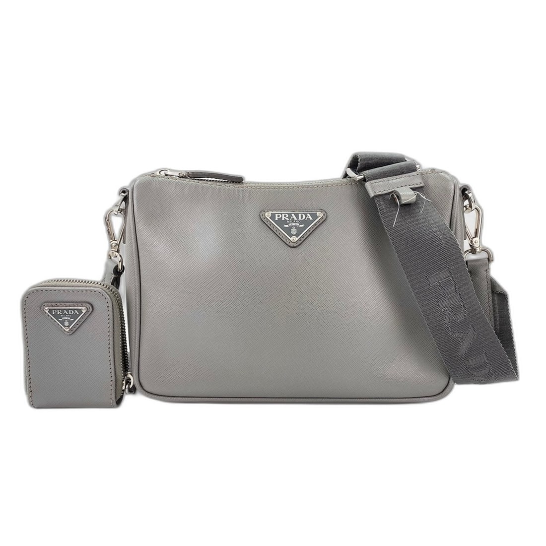 Prada shoulder bag, leather, gray: --- Catalog ---Category: SizeSize (HxWxD): 17cm x 25cm x 5cm / 6.69'' x 9.84'' x 1.96''Strap Length: 97cm / 38.18''Category: DesignType: Shoulder bagColor: GrayGender: WomenCategory: GeneralBrand: Pra