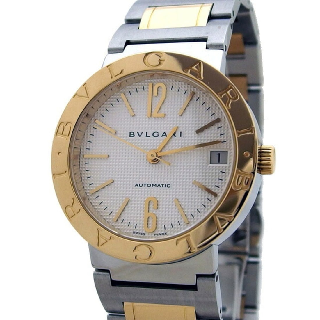 Bvlgari 18K Yellow Gold x Stainless Steel Combination BB33SG Men's Watch: --- Catalog ---Category: SizeWrist Size: 19cm / 7.48''Case Diameter: 33mm / 1.3''Category: DesignType: WristwatchGender: MenColor (Dial): WhiteMaterial (Band): Stainless steel, Yellow goldMaterial (Ca