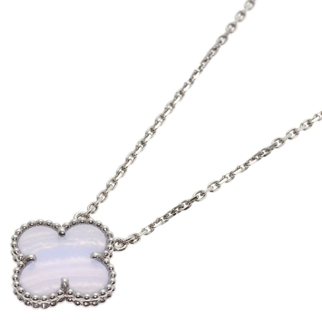 Van Cleef & Arpels Vintage Alhambra Chalcedony Necklace, 18K White Gold, Women's: --- Catalog ---Category: SizeWidth: 1.4mm / 0.06''Weight: 5.3g / 0.18oz.Pendant Size: 15mm x 14.8mm / 0.59'' x 0.58''Neck Circumference: 42 cm / 16.53''Category: DesignStone: ChalcedonyGender: WomenSe