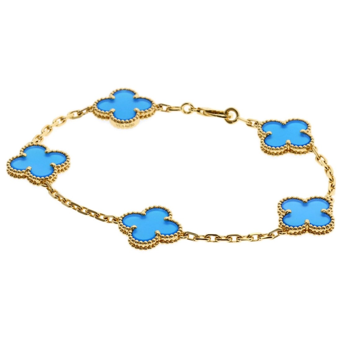 Van Cleef & Arpels Vintage Alhambra Blue Agate Bracelet 18K Yellow Gold Women's: --- Catalog ---Category: SizeWidth: 2.2mm / 0.08''Length: 18cm / 7.08''Weight: 11.4g / 0.4oz.Category: DesignType: Charm braceletGender: WomenSeason: VintageMaterial: Yellow gold (18K)Category: Genera