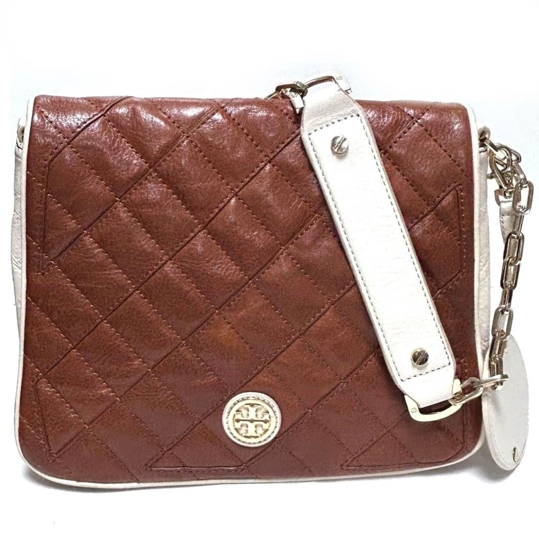 Tory Burch Chain Shoulder Bag, Women's Mirror Included, Brown and White Leather, Size S: --- Catalog ---Category: SizeWeight: 744g / 1.64lb.Size (HxWxD): 20cm x 26cm x 10cm / 7.87'' x 10.23'' x 3.93''Handle Length: 55cm / 21.65''Category: DesignType: Shoulder bagColor: Brown, WhiteGender: