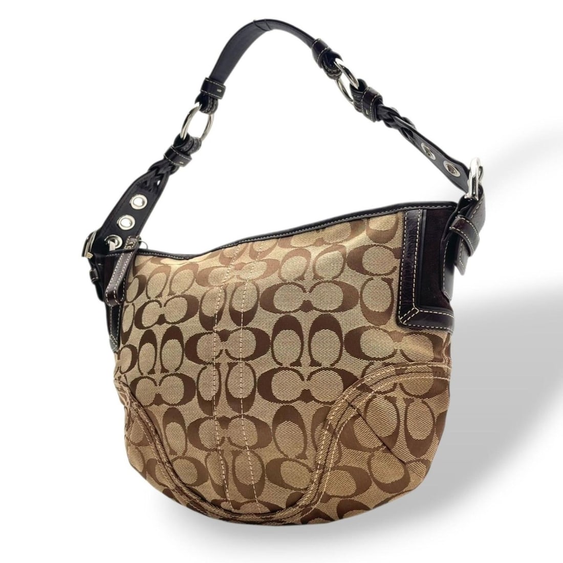 Coach Hamptons Soho Hobo Signature Handbag, Canvas and Leather, Beige Brown, Silver Hardware,: --- Catalog ---Category: SizeSize (HxWxD): 22cm x 30cm x 6cm / 8.66'' x 11.81'' x 2.36''Category: DesignType: Handbag, Shoulder bagColor: Beige, BrownGender: WomenMaterial: Canvas , Leather Category: 
