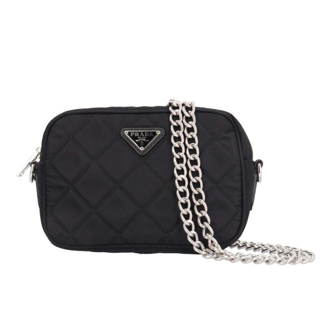 Prada Quilted Chain Shoulder Bag, Nylon 1BH028, Black, Women's PRADA: --- Catalog ---Category: SizeWeight: 250g / 8.81oz.Size (HxWxD): 12cm x 17cm x 5.5cm / 4.72'' x 6.69'' x 2.16''Strap Length: 123cm / 48.42''Category: DesignType: Shoulder bagColor: BlackGender: WomenC