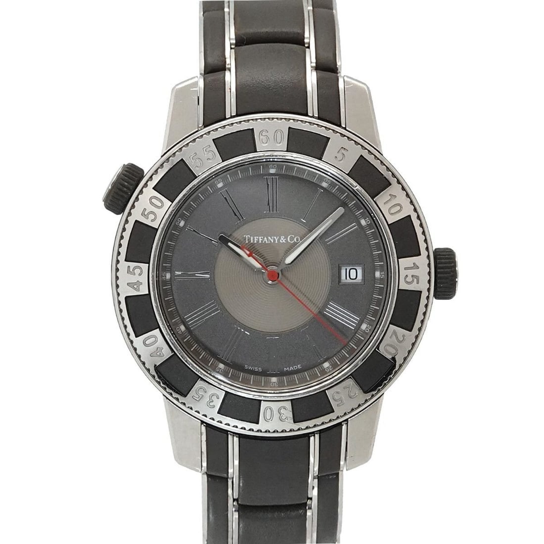 Tiffany & Co. Mark T-57 Men's Watch, Date Display, Gray Quartz Watch: --- Catalog ---Category: SizeWrist Size: 16.5cm / 6.49''Case Diameter: 42mm / 1.65''Category: DesignType: WristwatchGender: MenColor (Dial): GrayMaterial (Band): Rubber, Stainless steelMaterial (Case)