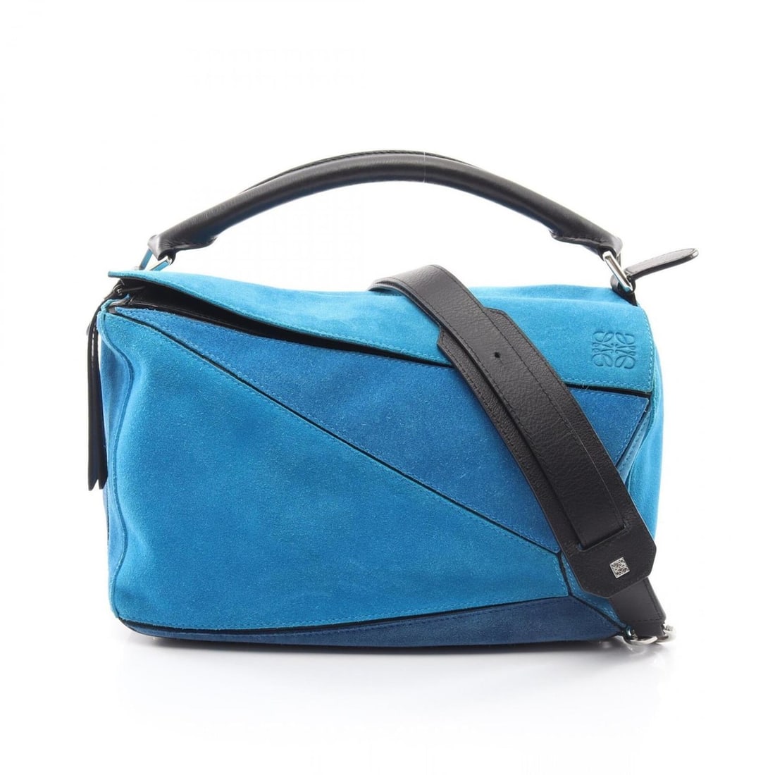 Loewe Puzzle Bag Medium 2-Way Handbag, Leather Suede, Women's, Blue/Black: --- Catalog ---Category: SizeSize (HxWxD): 18cm x 29cm x 12cm / 7.08'' x 11.41'' x 4.72''Category: DesignType: HandbagColor: Black, BlueGender: WomenMaterial: Leather , Suede Category: GeneralBrand: L