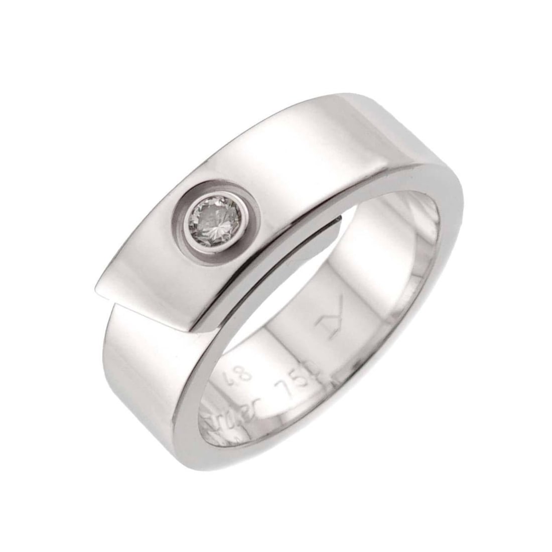 Cartier Anniversary #48 Ring with 1 Diamond, 18K White Gold (750): --- Catalog ---Category: SizeUS Size: 4.5Brand Size: 48Category: DesignType: Band ringGender: WomenMaterial: White gold (18K)Category: GeneralBrand: Cartier--- Item List ---Section: ConditionRanking: 