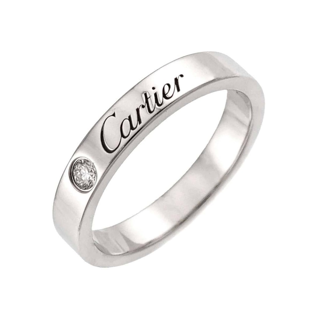 Cartier C de #47 Ring, 3mm wide, 1 diamond, Platinum.: --- Catalog ---Category: SizeUS Size: 4Brand Size: 47Category: DesignType: Band ringGender: WomenMaterial: Platinum 950Category: GeneralBrand: Cartier--- Item List ---Section: ConditionRanking: Rank S