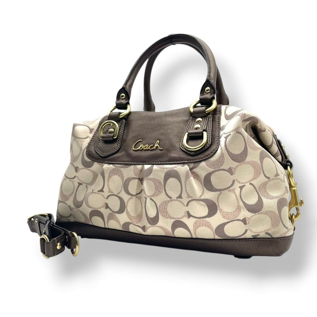 Coach Ashley Signature Satin Satchel Handbag, Canvas and Leather, Ivory Brown with Gold Hardware,: --- Catalog ---Category: SizeSize (HxWxD): 22cm x 38cm x 12cm / 8.66'' x 14.96'' x 4.72''Category: DesignType: Handbag, Shoulder bagColor: Brown, IvoryGender: WomenMaterial: Canvas , Leather Category: