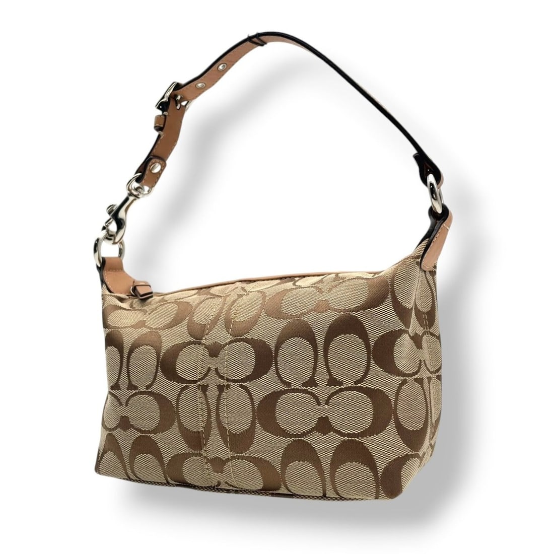 Coach Signature Mini Bag Accessory Pouch Handbag Canvas Leather Beige Light Brown Silver Hardware: --- Catalog ---Category: SizeSize (HxWxD): 12cm x 22cm x 9cm / 4.72'' x 8.66'' x 3.54''Category: DesignType: Handbag, PouchColor: Beige, Light brownGender: WomenMaterial: Canvas , Leather Category: Ge