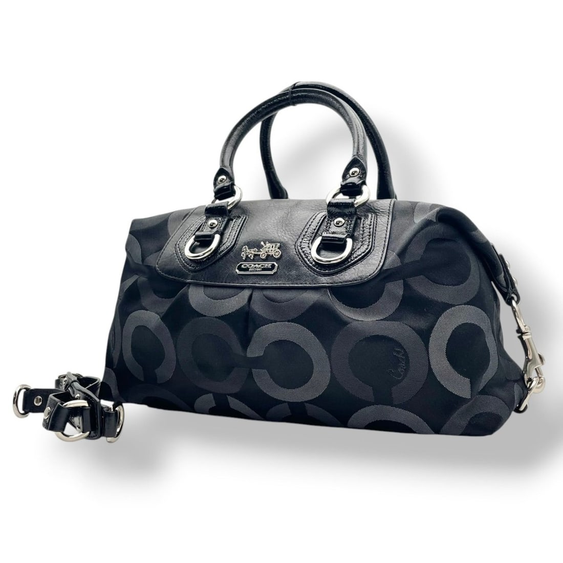 Coach Madison Op Art Sabrina Handbag Shoulder Bag Canvas Leather Black Silver Hardware Women's S85: --- Catalog ---Category: SizeSize (HxWxD): 20cm x 32cm x 12cm / 7.87'' x 12.59'' x 4.72''Category: DesignType: Handbag, Shoulder bagColor: BlackGender: WomenMaterial: Canvas , Leather Category: Genera