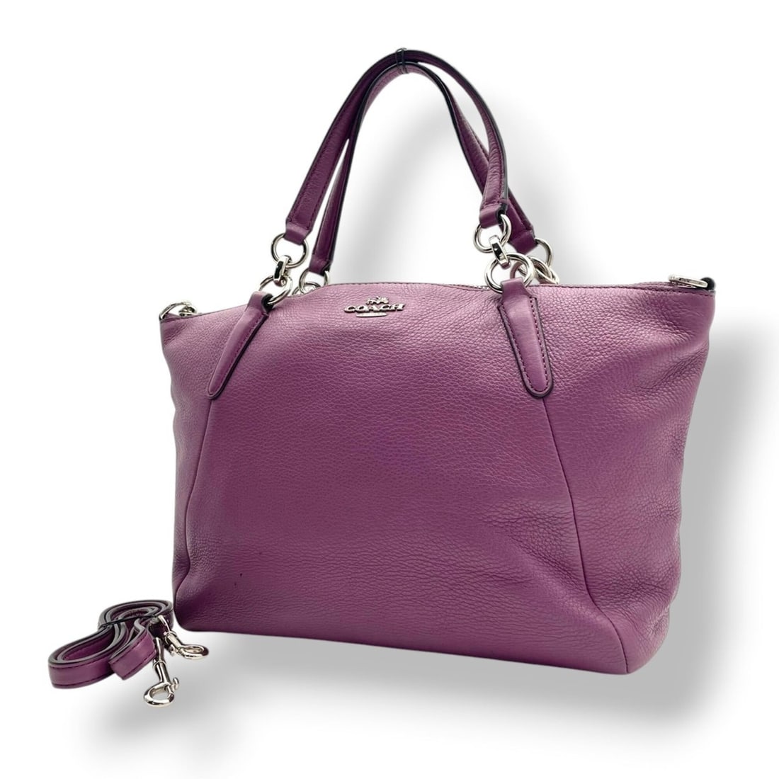 Coach Small Kelsey Satchel Handbag Shoulder Bag Pebbled Leather Purple Silver Hardware Women's S85: --- Catalog ---Category: SizeSize (HxWxD): 20cm x 35cm x 9cm / 7.87'' x 13.77'' x 3.54''Category: DesignType: Handbag, Shoulder bagColor: PurpleGender: WomenMaterial: Leather Category: GeneralMPN: F36