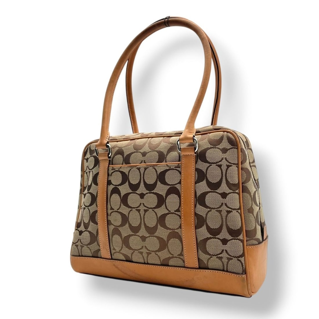 Coach Signature Satchel Handbag, Canvas and Leather, Beige/Light Brown, Silver Hardware, Women's,: --- Catalog ---Category: SizeSize (HxWxD): 24cm x 30cm x 12cm / 9.44'' x 11.81'' x 4.72''Category: DesignType: HandbagColor: Beige, Light brownGender: WomenMaterial: Canvas , Leather Category: General