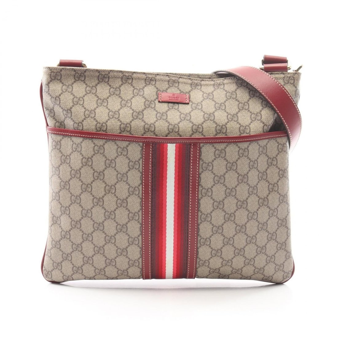 Gucci GG Supreme Shoulder Bag/Handbag, Coated Canvas and Leather, Men's/Women's, Beige/Red, 201446: --- Catalog ---Category: SizeSize (HxWxD): 30cm x 34cm x 1cm / 11.81'' x 13.38'' x 0.39''Category: DesignType: Handbag, Shoulder bagColor: Beige, Red colorGender: Men,WomenMaterial: PVC , Leather Cate